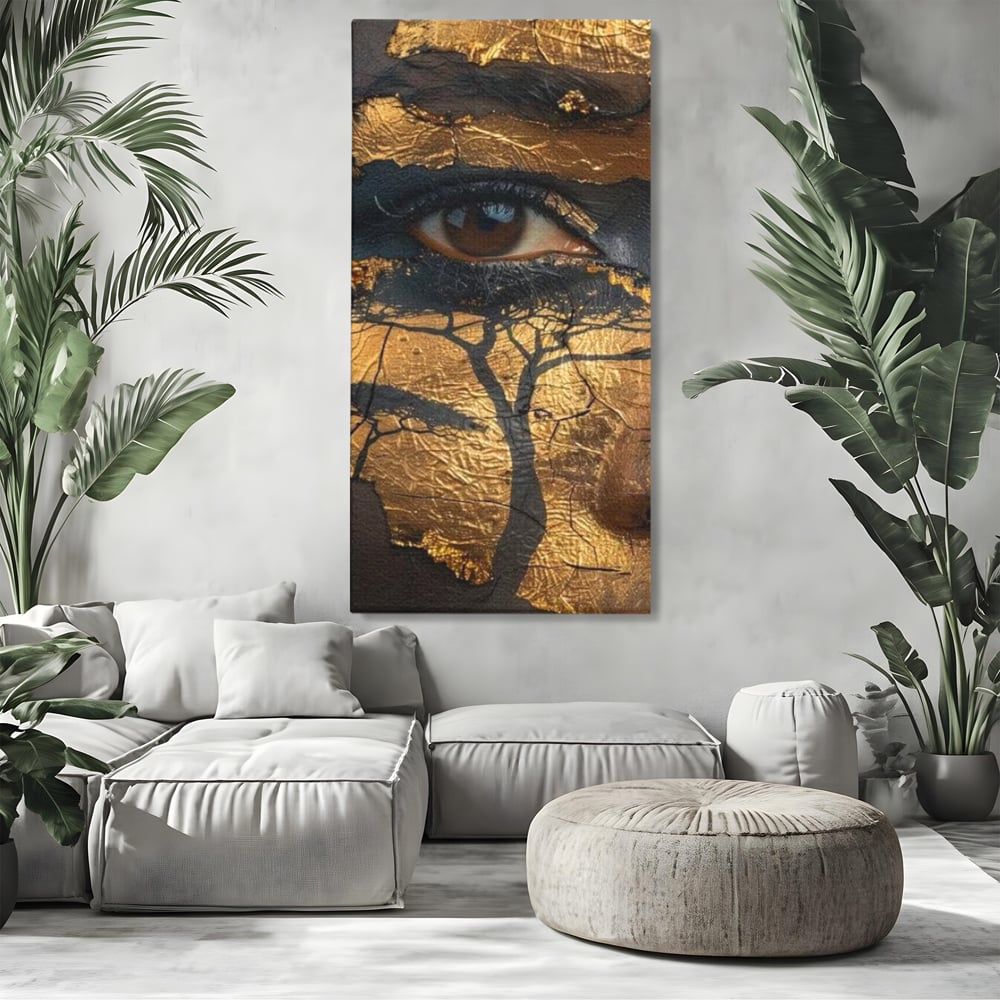 Tablou canvas cu tablou canvas cu ochi uman si arbore, fara rama, pe sasiu de lemn, pe perete intr-un living